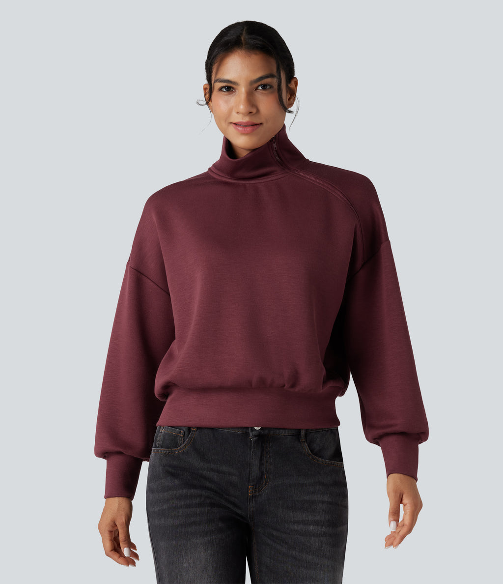 SpacerTek Funnel Neck Half Zip Oversized Casual Sweatshirt — Oxblood Red — view 2