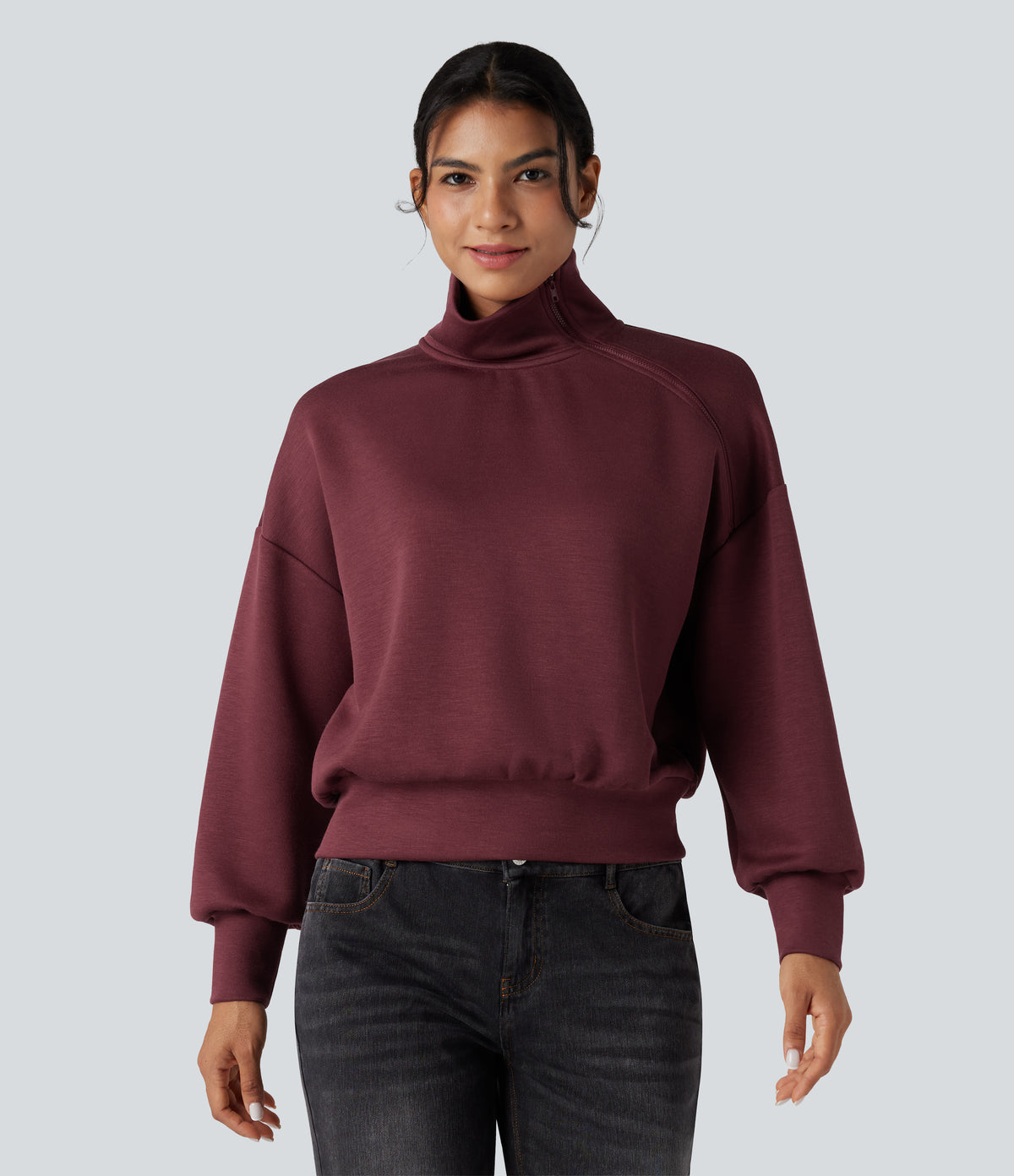 SpacerTek Funnel Neck Half Zip Oversized Casual Sweatshirt — Oxblood Red — view 2