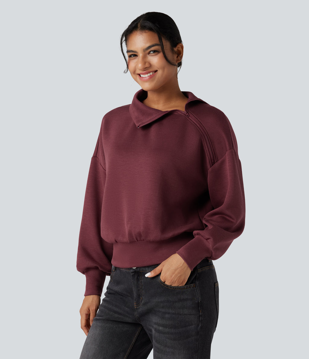 SpacerTek Funnel Neck Half Zip Oversized Casual Sweatshirt — Oxblood Red — view 5