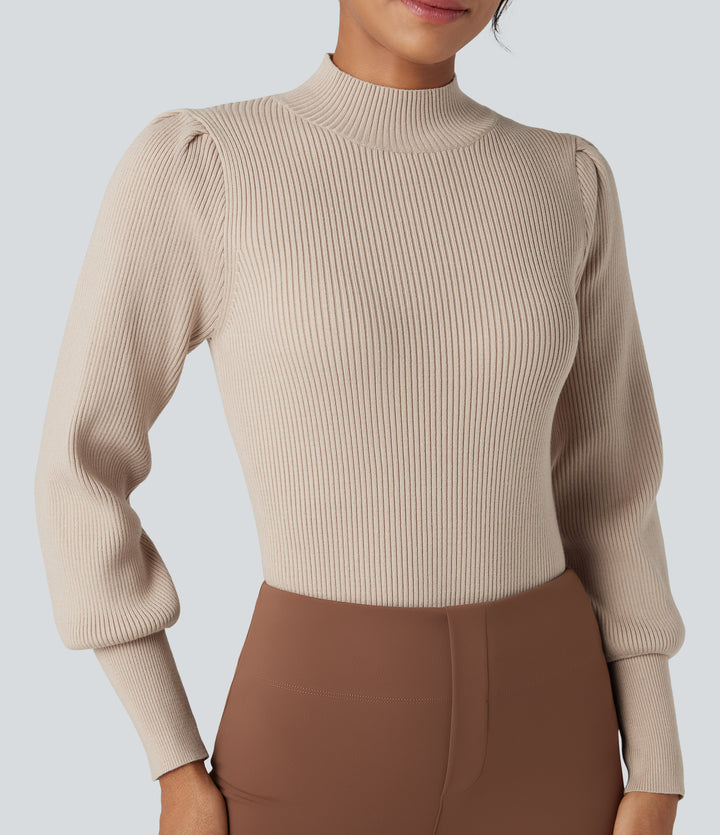 Mock Neck Puff Long Sleeve Casual Jumper — Cement — view 1