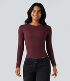 Round Neck Long Sleeve Thumb Holes Casual Wool-Blend Top — Zinfandel — view 5