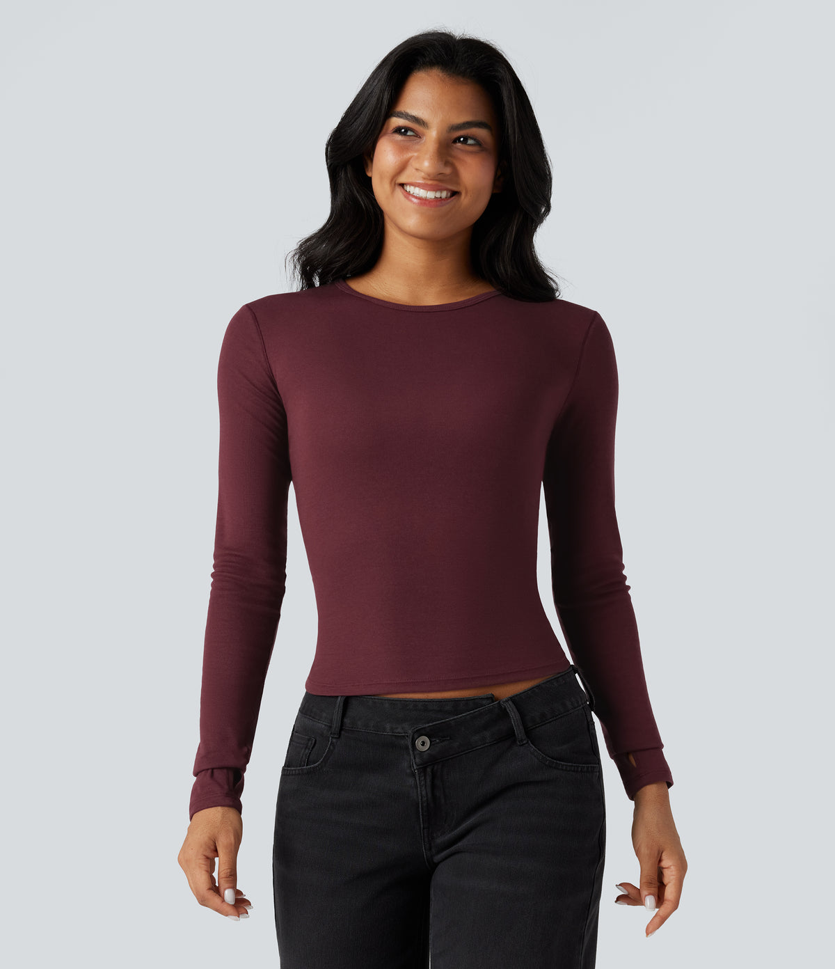 Round Neck Long Sleeve Thumb Holes Casual Wool-Blend Top — Zinfandel — view 5