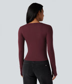 Round Neck Long Sleeve Thumb Holes Casual Wool-Blend Top — Zinfandel — view 3