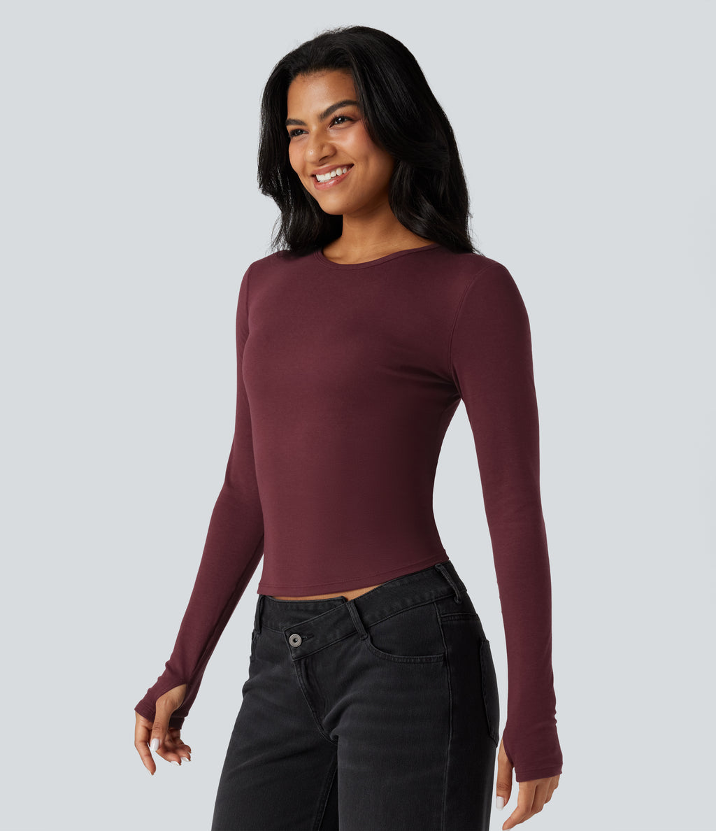 Round Neck Long Sleeve Thumb Holes Casual Wool-Blend Top — Zinfandel — view 4