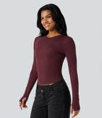 Round Neck Long Sleeve Thumb Holes Casual Wool-Blend Top — Zinfandel — view 4