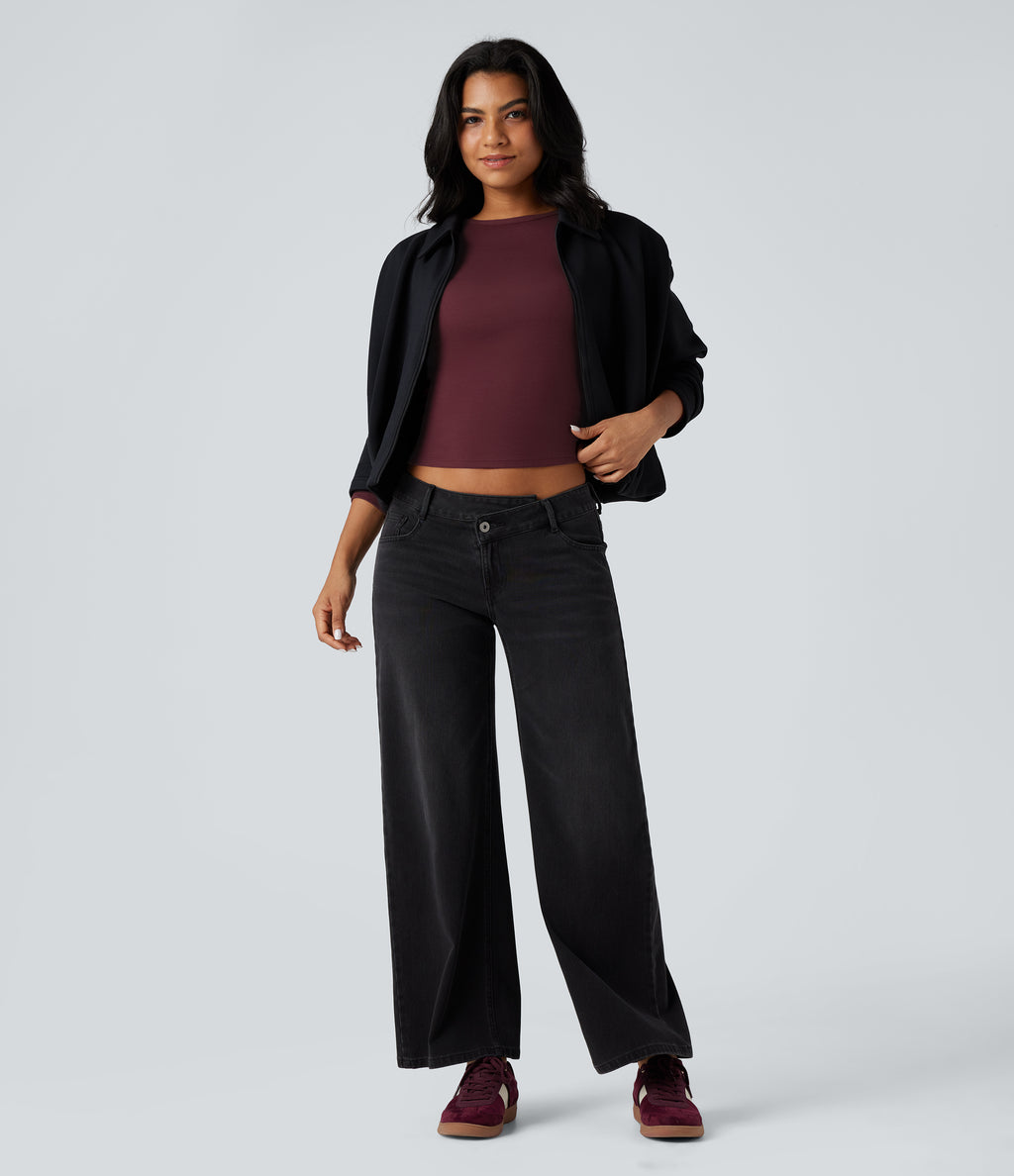 Round Neck Long Sleeve Thumb Holes Casual Wool-Blend Top — Zinfandel — view 6
