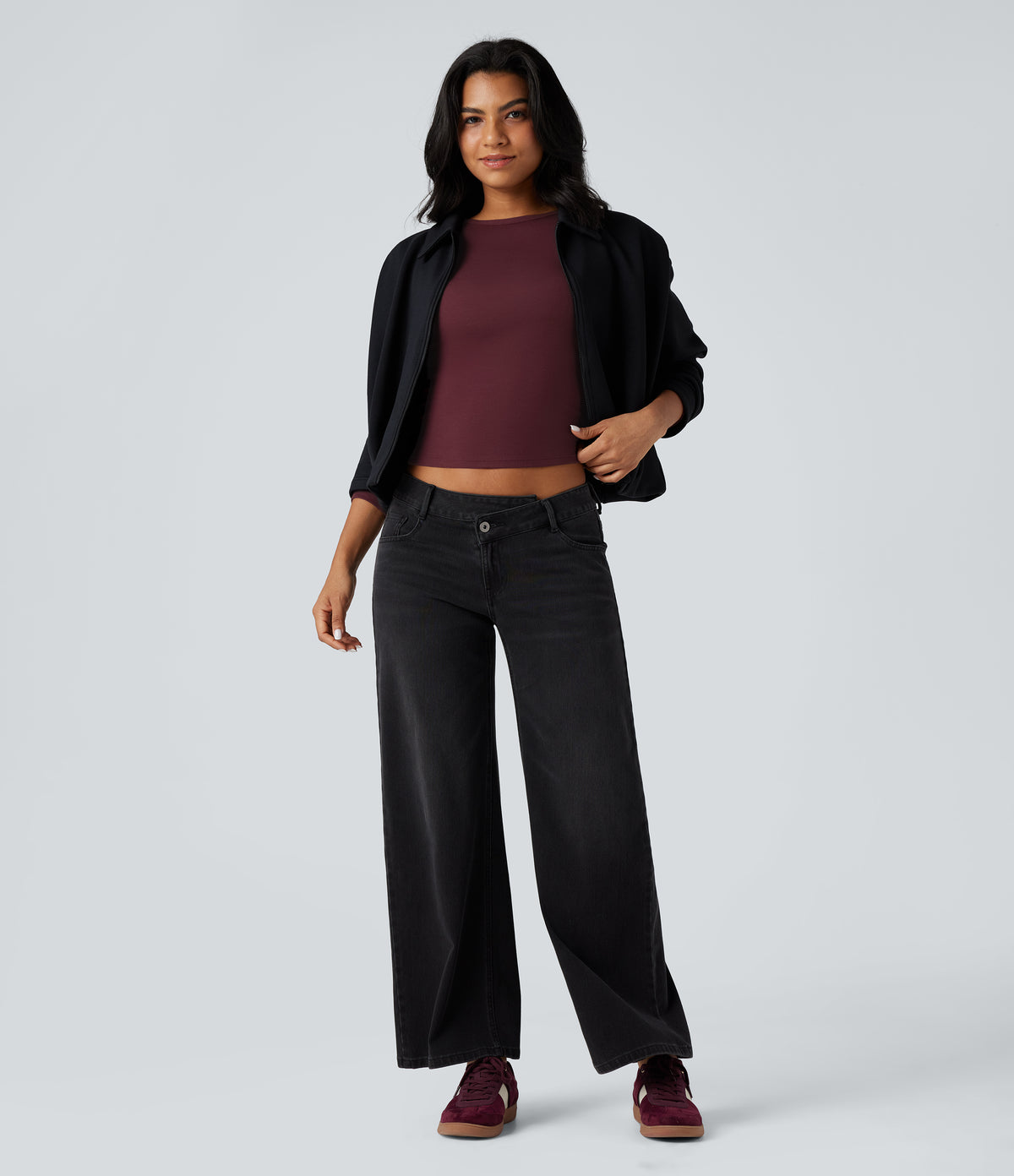 Round Neck Long Sleeve Thumb Holes Casual Wool-Blend Top — Zinfandel — view 6