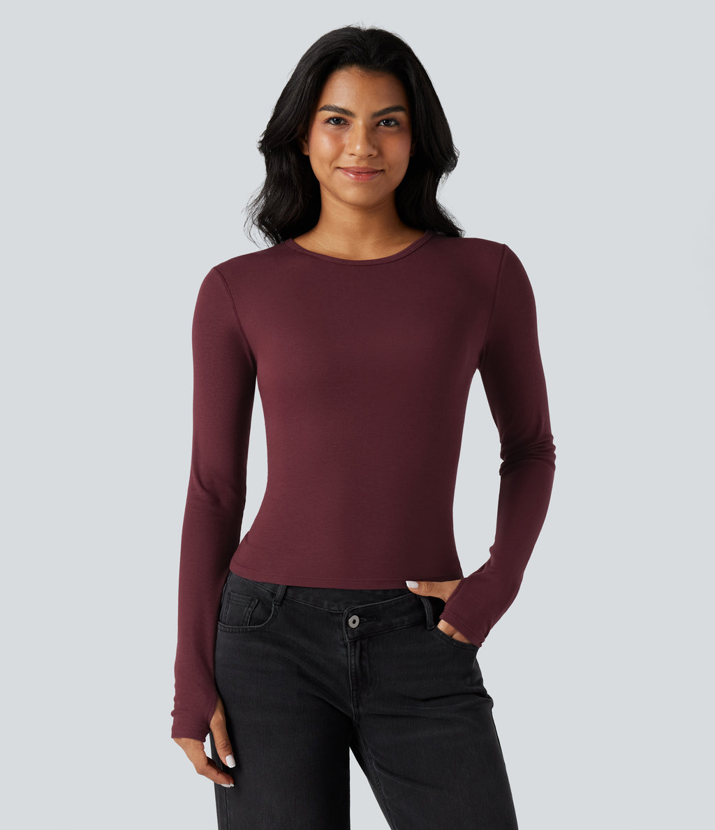 Round Neck Long Sleeve Thumb Holes Casual Wool-Blend Top — Zinfandel — view 2