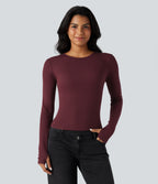 Round Neck Long Sleeve Thumb Holes Casual Wool-Blend Top — Zinfandel — view 2