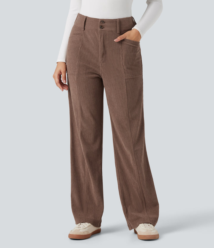 High Waisted Corduroy Casual Straight Leg Trousers with Pockets — Acorn — view 1