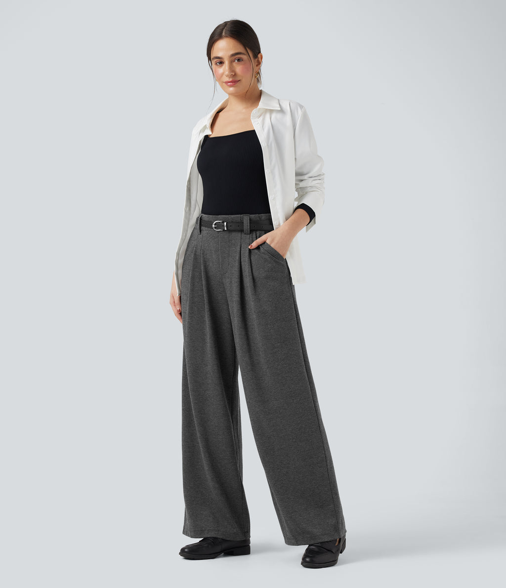 High Waisted Houndstooth Work Baggy Trousers with Pockets — Shadow Knit — view 6