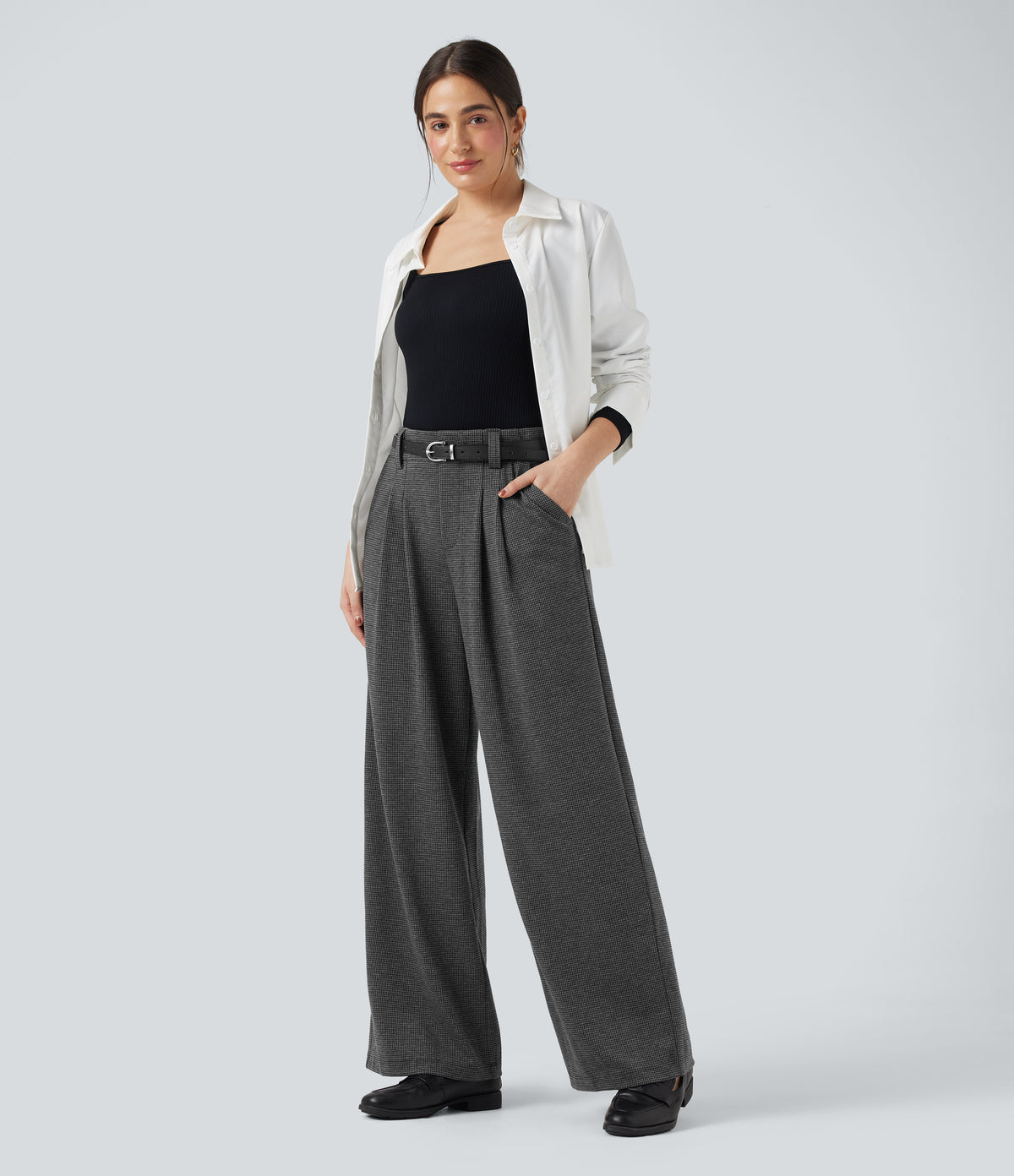 High Waisted Houndstooth Work Baggy Trousers with Pockets — Shadow Knit — view 6