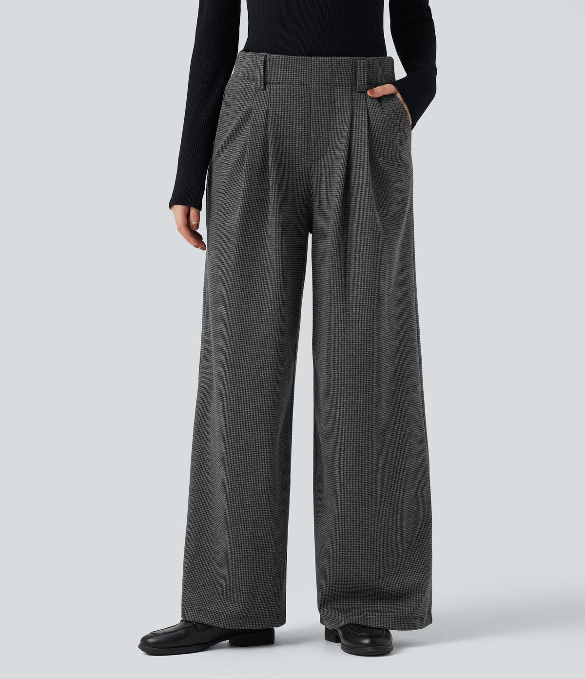 High Waisted Houndstooth Work Baggy Trousers with Pockets — Shadow Knit — view 1
