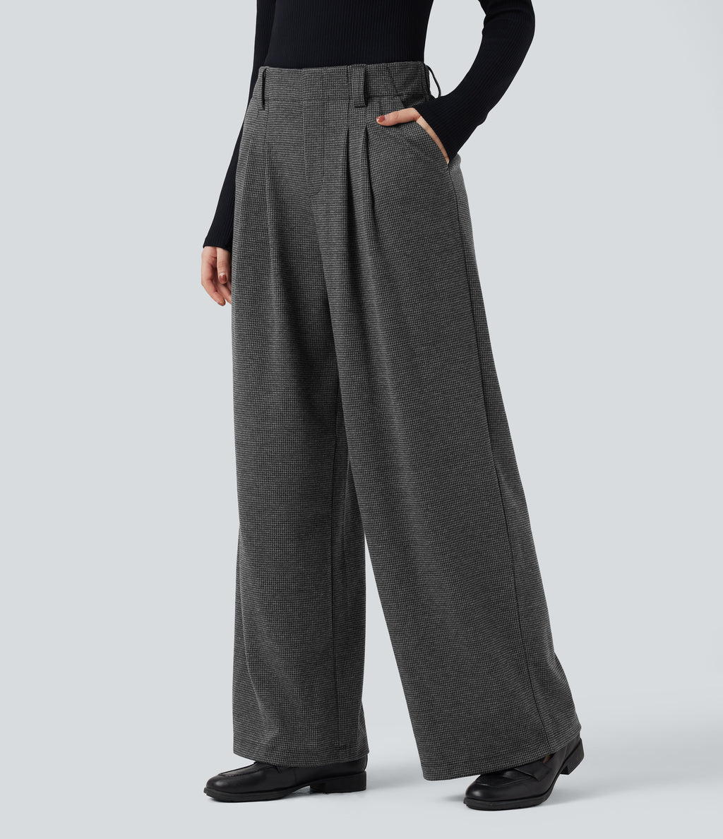 High Waisted Houndstooth Work Baggy Trousers with Pockets — Shadow Knit — view 3