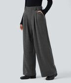 High Waisted Houndstooth Work Baggy Trousers with Pockets — Shadow Knit — view 3