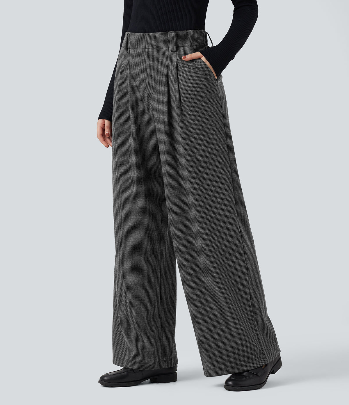 High Waisted Houndstooth Work Baggy Trousers with Pockets — Shadow Knit — view 3