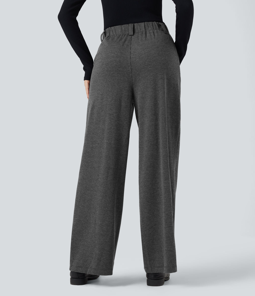 High Waisted Houndstooth Work Baggy Trousers with Pockets — Shadow Knit — view 2