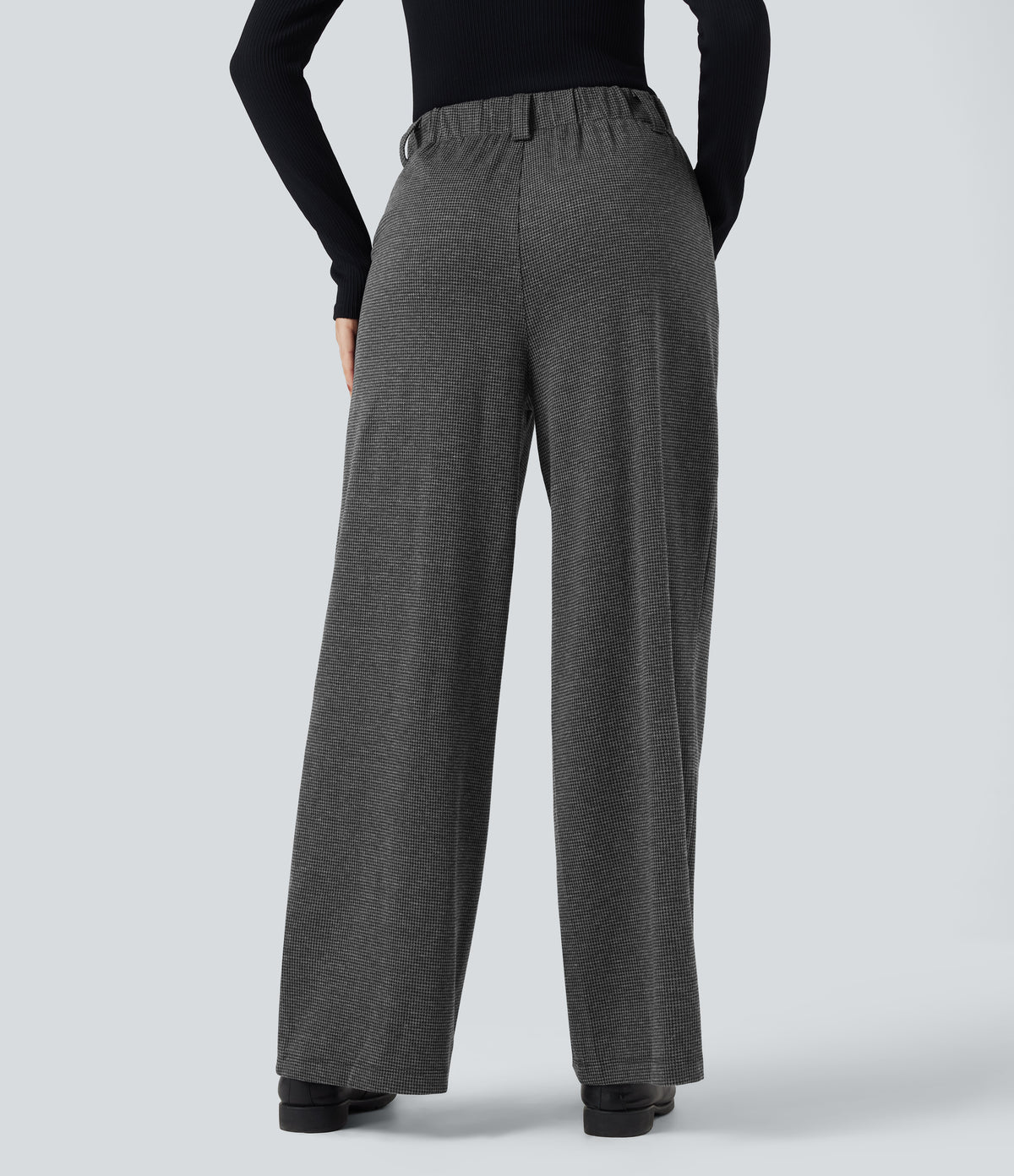 High Waisted Houndstooth Work Baggy Trousers with Pockets — Shadow Knit — view 2