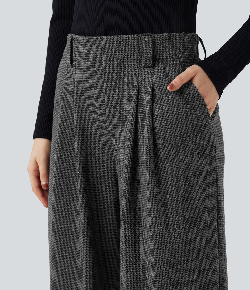 High Waisted Houndstooth Work Baggy Trousers with Pockets — Shadow Knit — view 4