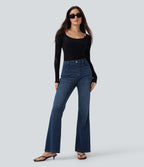 High Waisted Tummy Control Butt Lifting Denim Casual Bootcut Leggings with Pockets — Tide Blue Denim — view 7
