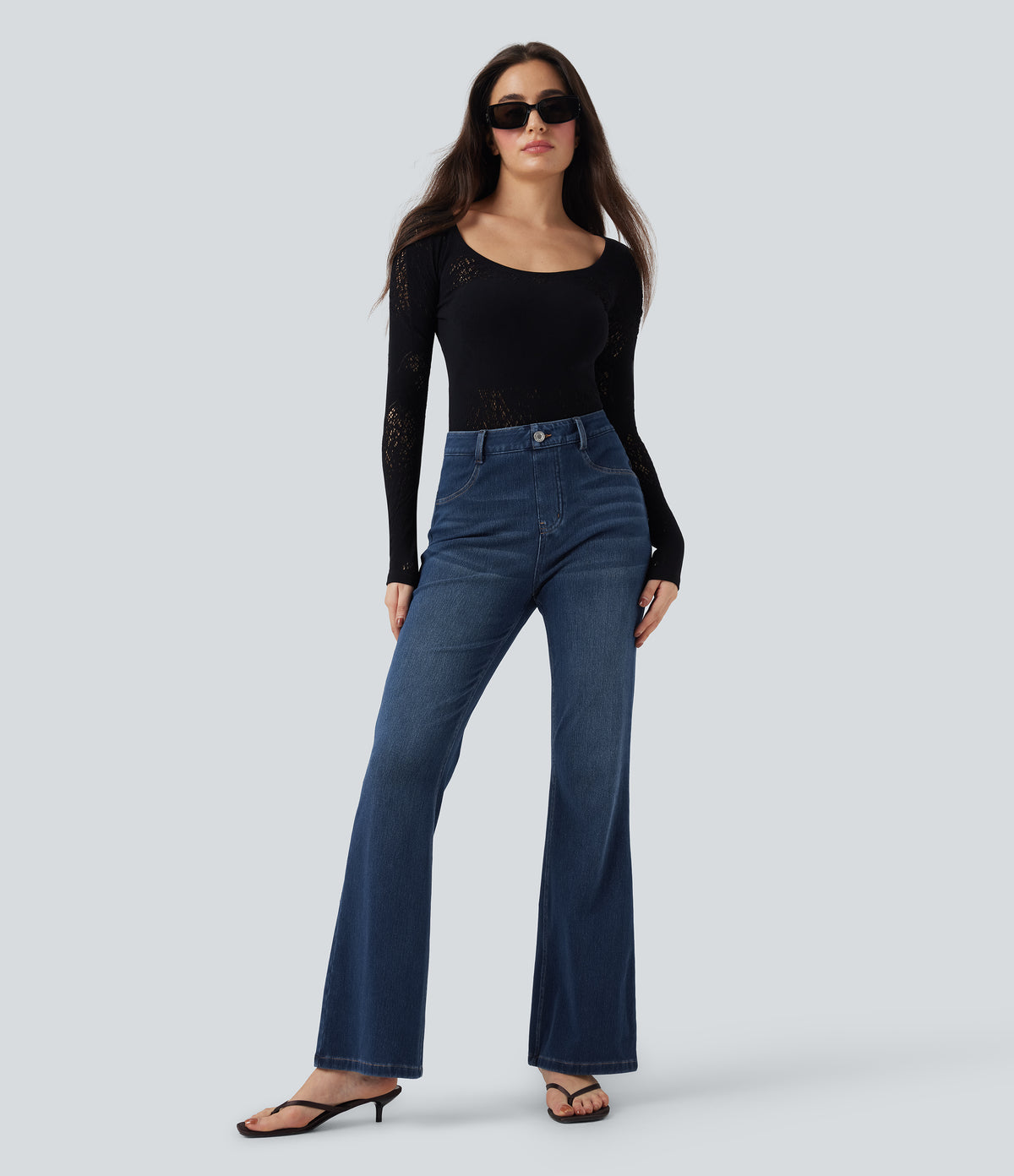High Waisted Tummy Control Butt Lifting Denim Casual Bootcut Leggings with Pockets — Tide Blue Denim — view 7
