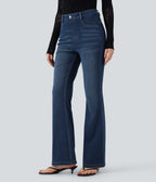 High Waisted Tummy Control Butt Lifting Denim Casual Bootcut Leggings with Pockets — Tide Blue Denim — view 4