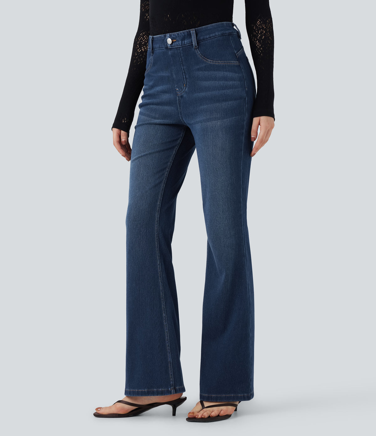 High Waisted Tummy Control Butt Lifting Denim Casual Bootcut Leggings with Pockets — Tide Blue Denim — view 4