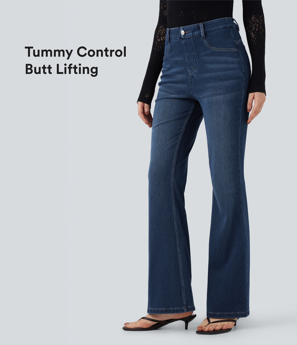 High Waisted Tummy Control Butt Lifting Denim Casual Bootcut Leggings with Pockets — Tide Blue Denim — view 1