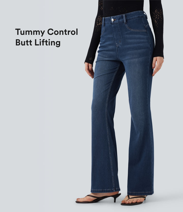 High Waisted Tummy Control Butt Lifting Denim Casual Bootcut Leggings with Pockets — Tide Blue Denim — view 1