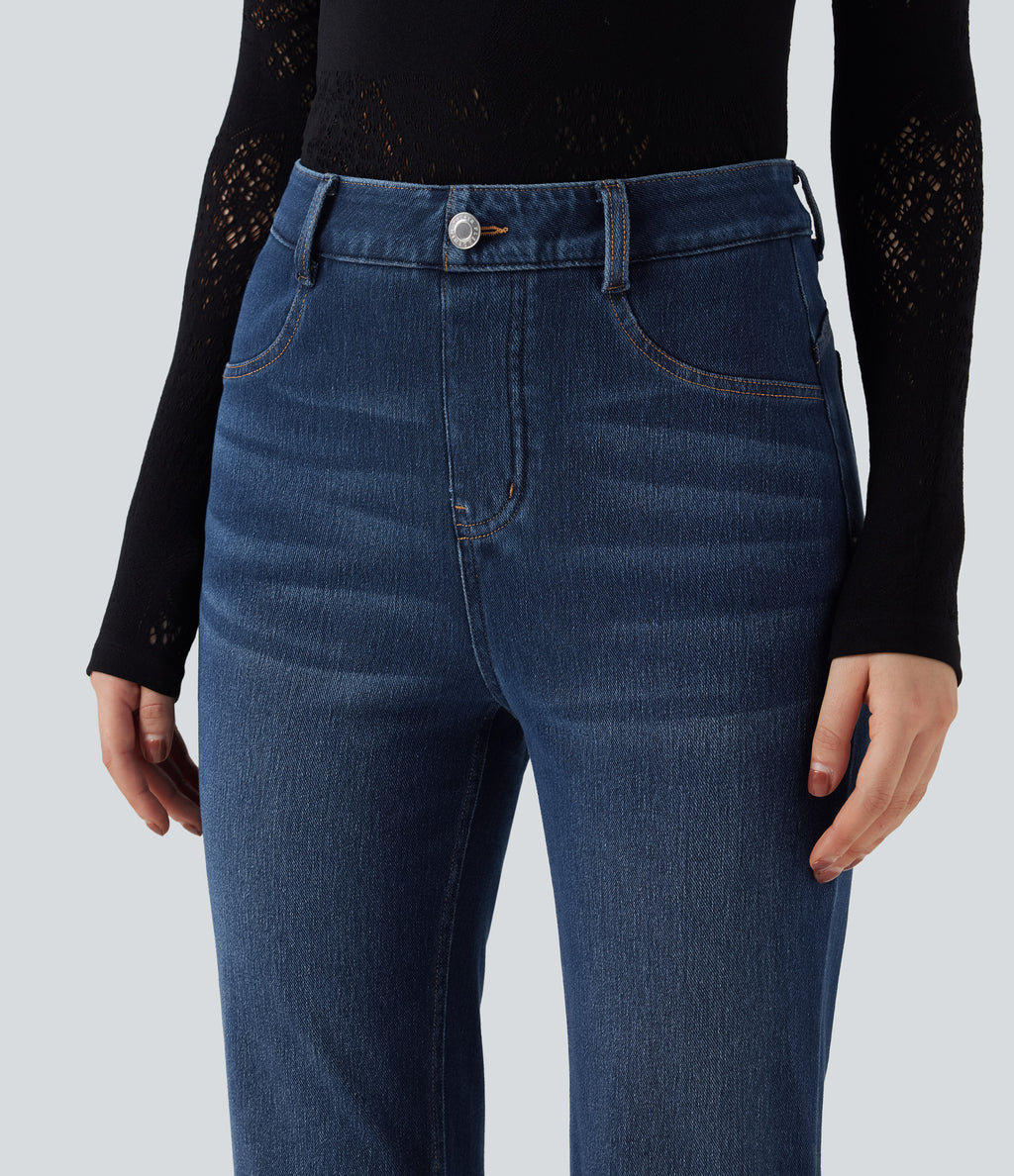 High Waisted Tummy Control Butt Lifting Denim Casual Bootcut Leggings with Pockets — Tide Blue Denim — view 5