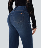 High Waisted Tummy Control Butt Lifting Denim Casual Bootcut Leggings with Pockets — Tide Blue Denim — view 6