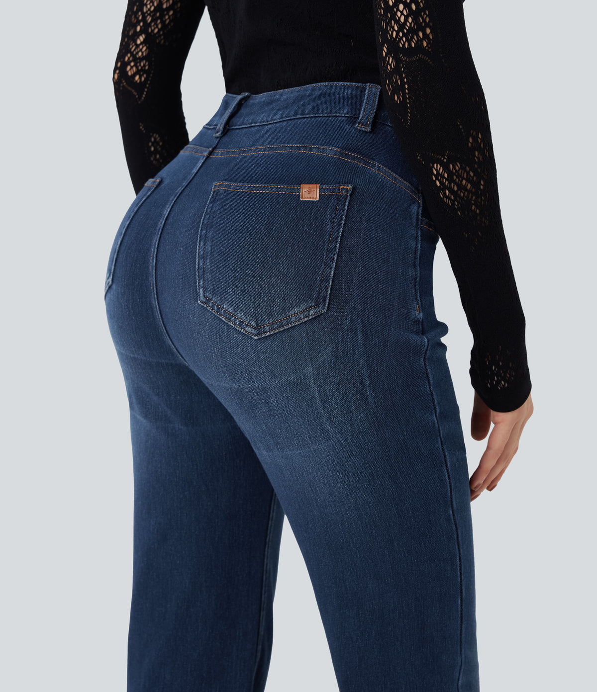 High Waisted Tummy Control Butt Lifting Denim Casual Bootcut Leggings with Pockets — Tide Blue Denim — view 6