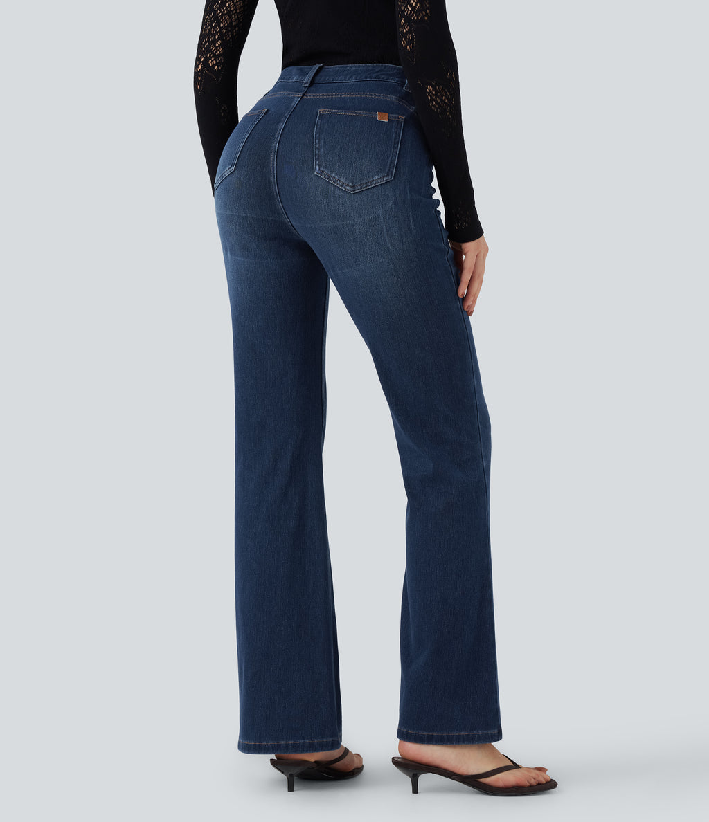 High Waisted Tummy Control Butt Lifting Denim Casual Bootcut Leggings with Pockets — Tide Blue Denim — view 3