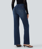 High Waisted Tummy Control Butt Lifting Denim Casual Bootcut Leggings with Pockets — Tide Blue Denim — view 3