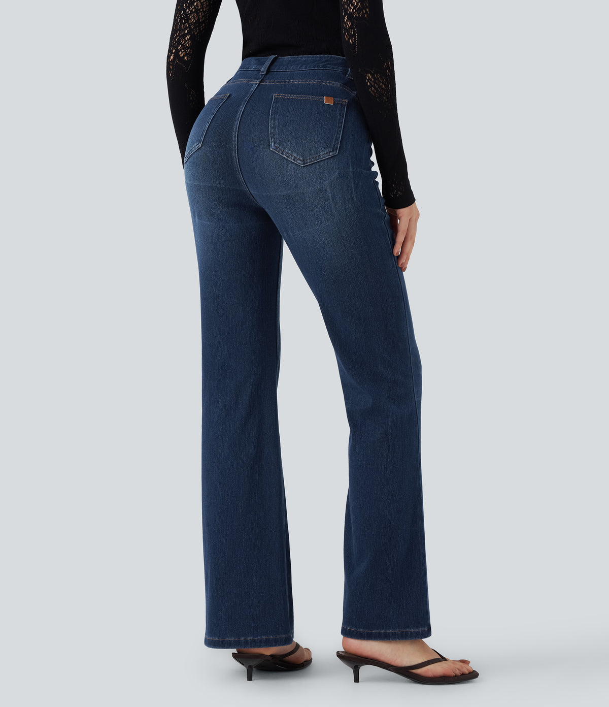 High Waisted Tummy Control Butt Lifting Denim Casual Bootcut Leggings with Pockets — Tide Blue Denim — view 3