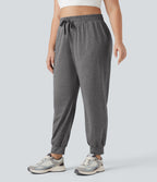 High Waisted Drawstring Ruched Yoga Plus Size Joggers with Pockets — Mottled Light Grey — view 3