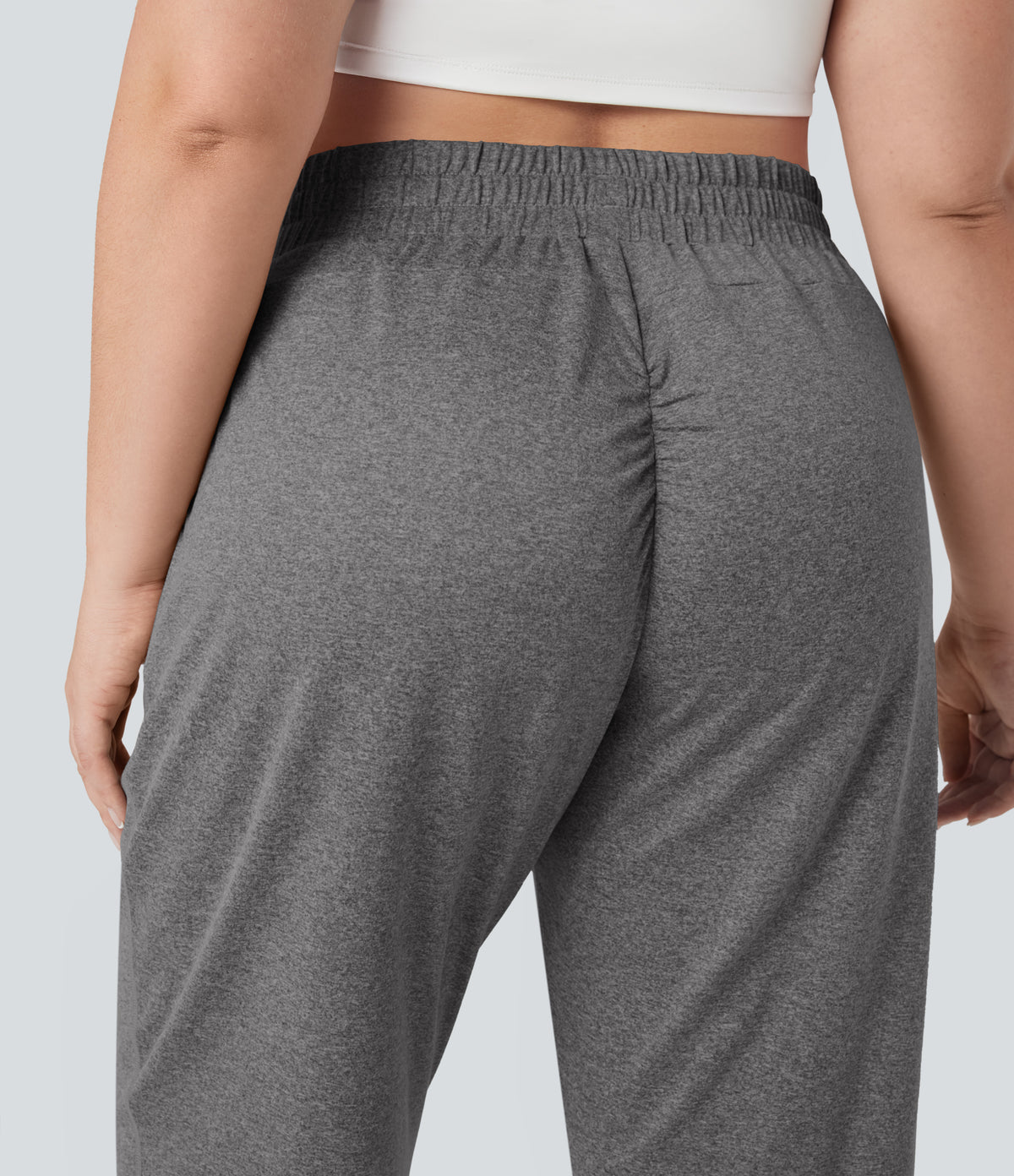 High Waisted Drawstring Ruched Yoga Plus Size Joggers with Pockets — Mottled Light Grey — view 4