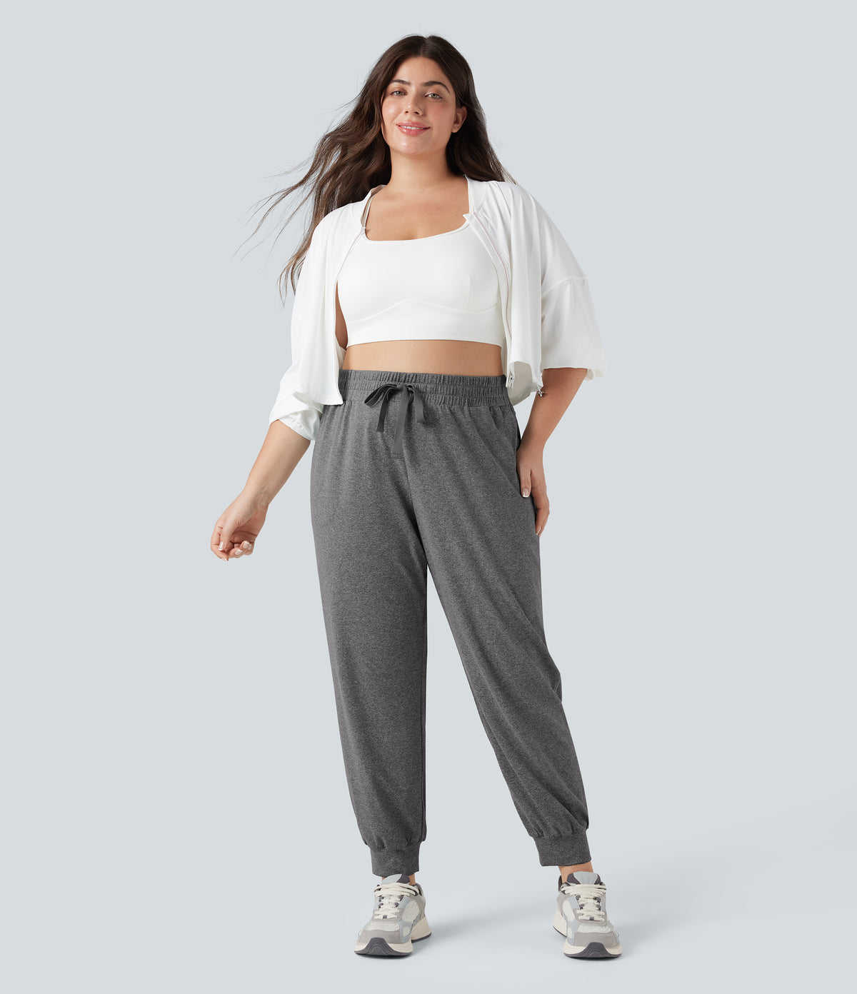 High Waisted Drawstring Ruched Yoga Plus Size Joggers with Pockets — Mottled Light Grey — view 7