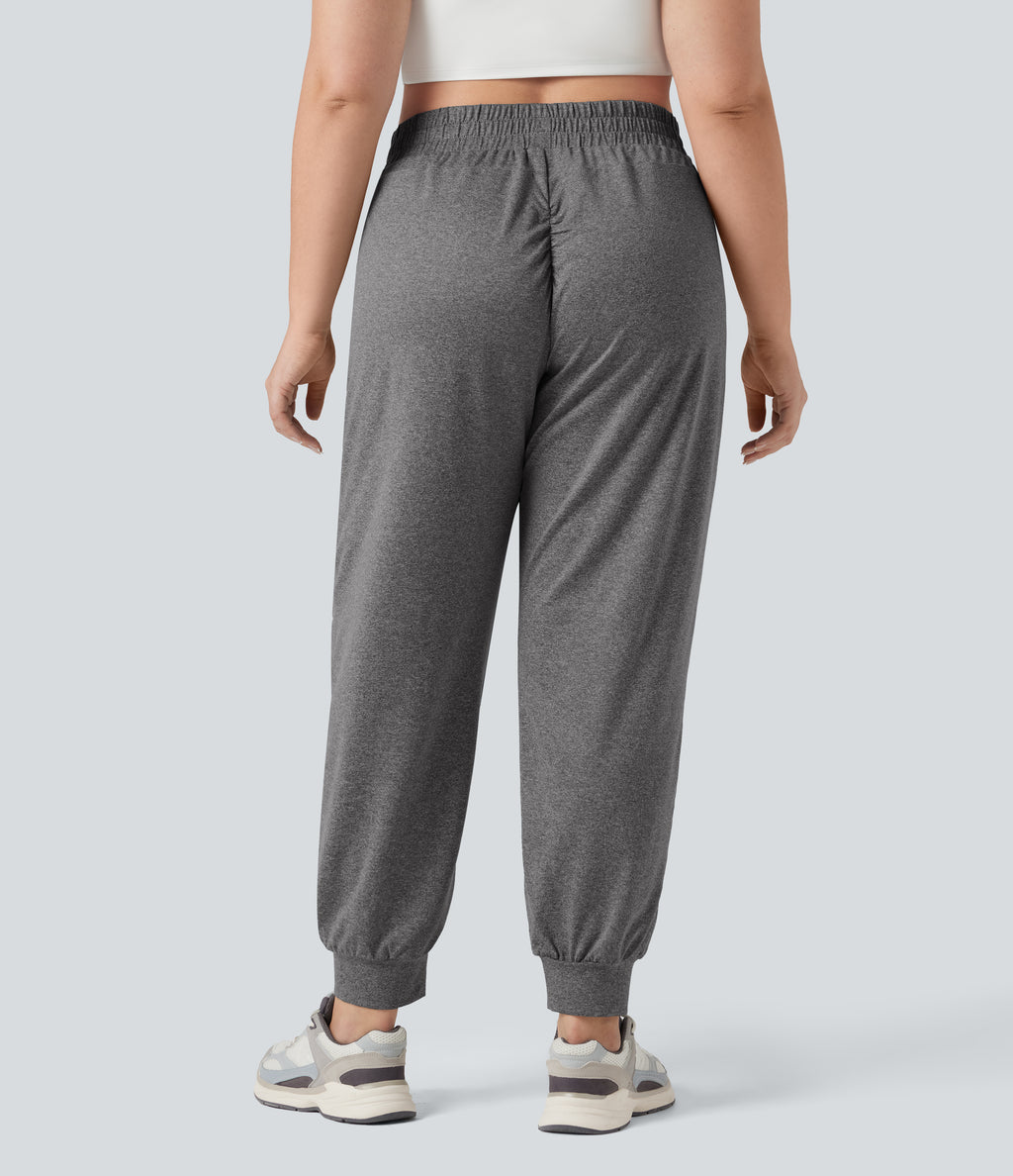 High Waisted Drawstring Ruched Yoga Plus Size Joggers with Pockets — Mottled Light Grey — view 2