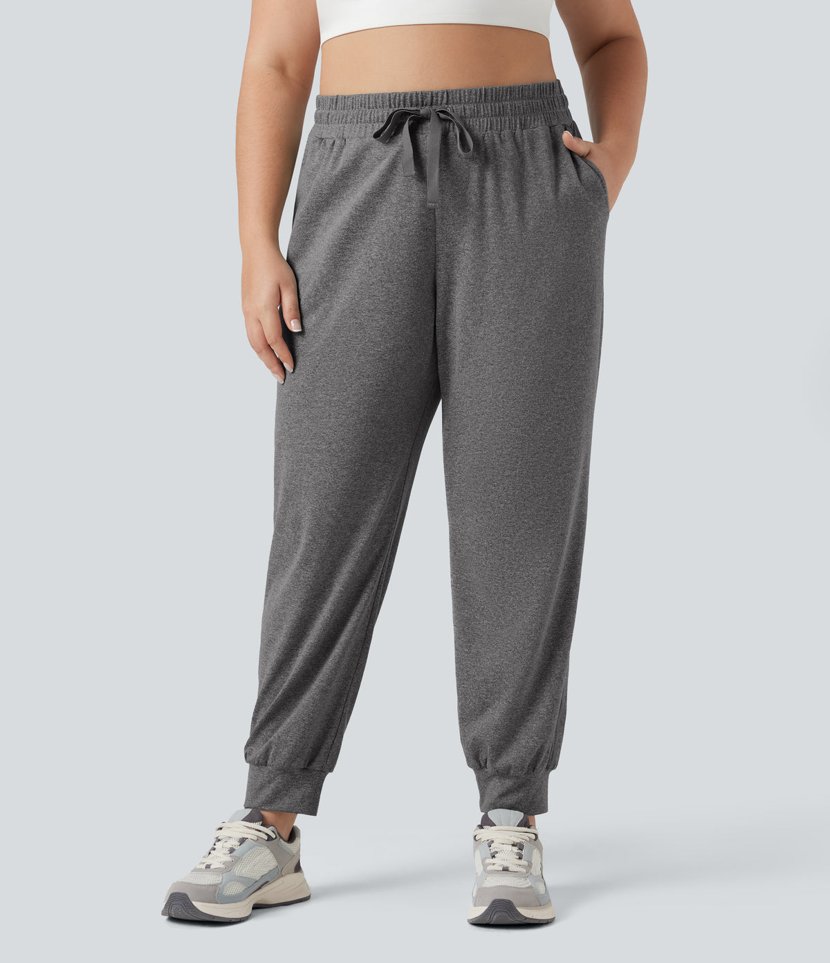 High Waisted Drawstring Ruched Yoga Plus Size Joggers with Pockets — Mottled Light Grey — view 1