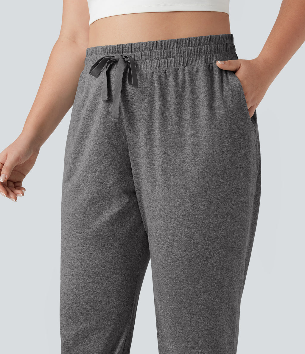 High Waisted Drawstring Ruched Yoga Plus Size Joggers with Pockets — Mottled Light Grey — view 5