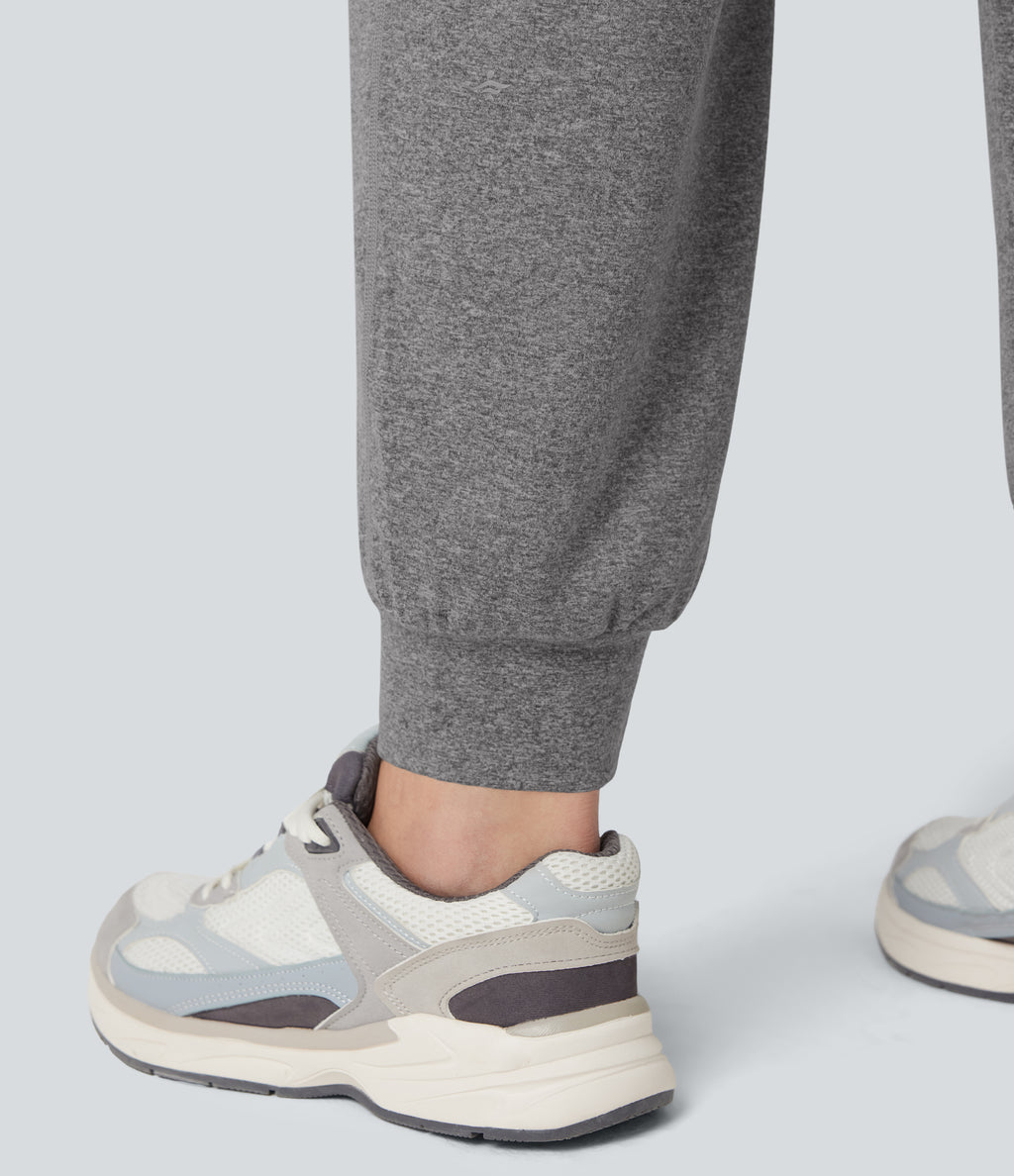 High Waisted Drawstring Ruched Yoga Plus Size Joggers with Pockets — Mottled Light Grey — view 6