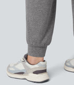 High Waisted Drawstring Ruched Yoga Plus Size Joggers with Pockets — Mottled Light Grey — view 6