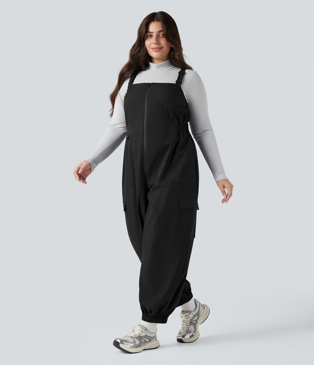 Water Repellent Wear-Resistant Zipper Pockets Hiking Plus Size Dungarees — Black — view 3
