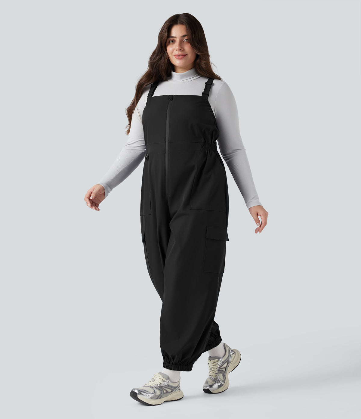 Water Repellent Wear-Resistant Zipper Pockets Hiking Plus Size Dungarees — Black — view 3