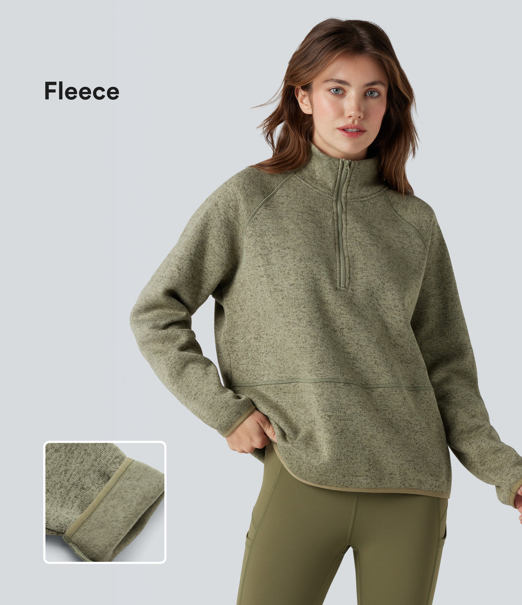 Stand Collar Half Zip Fleece Hiking Heathered Sweatshirt — Earthy Yellow — view 1