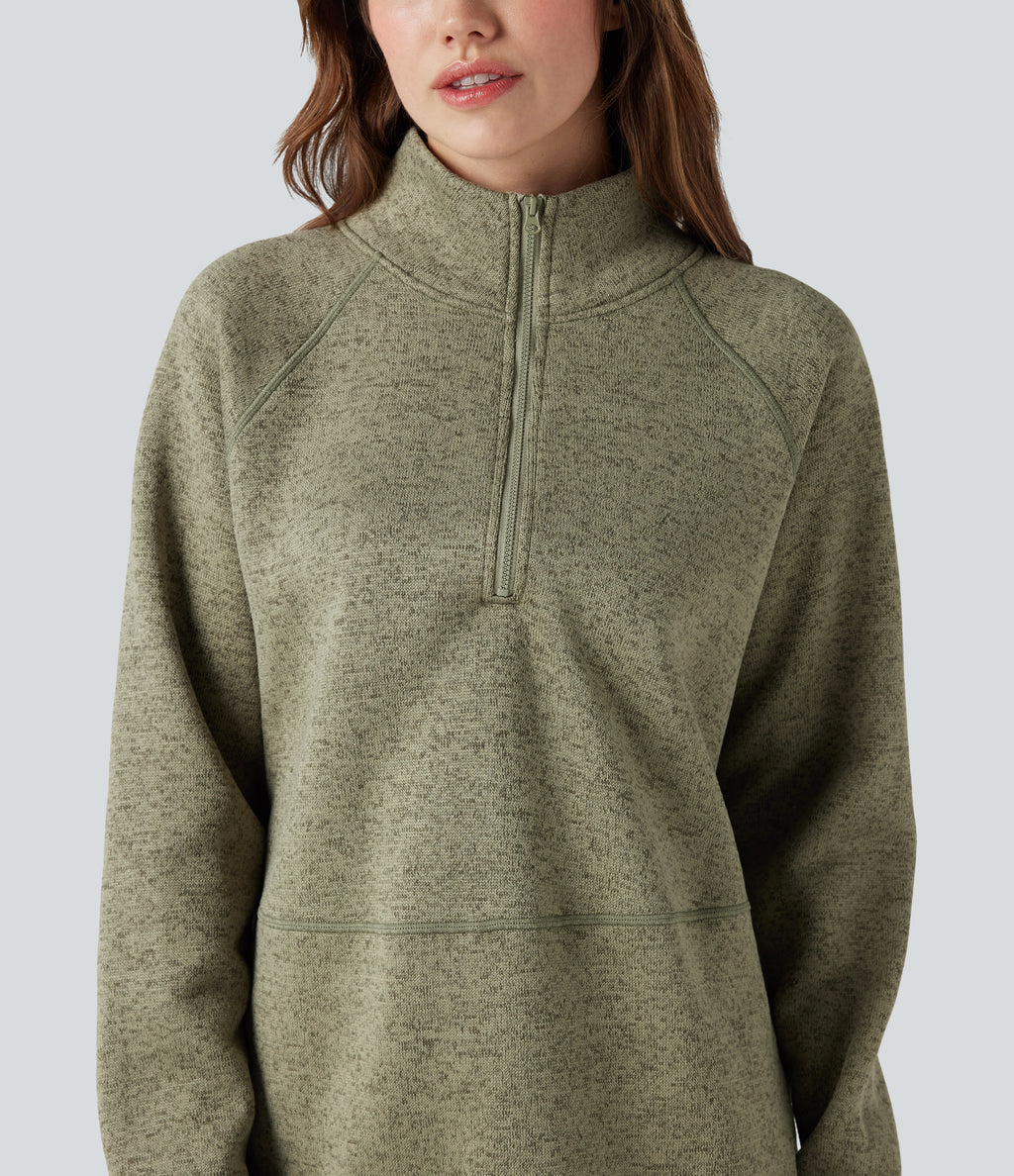 Stand Collar Half Zip Fleece Hiking Heathered Sweatshirt — Earthy Yellow — view 4