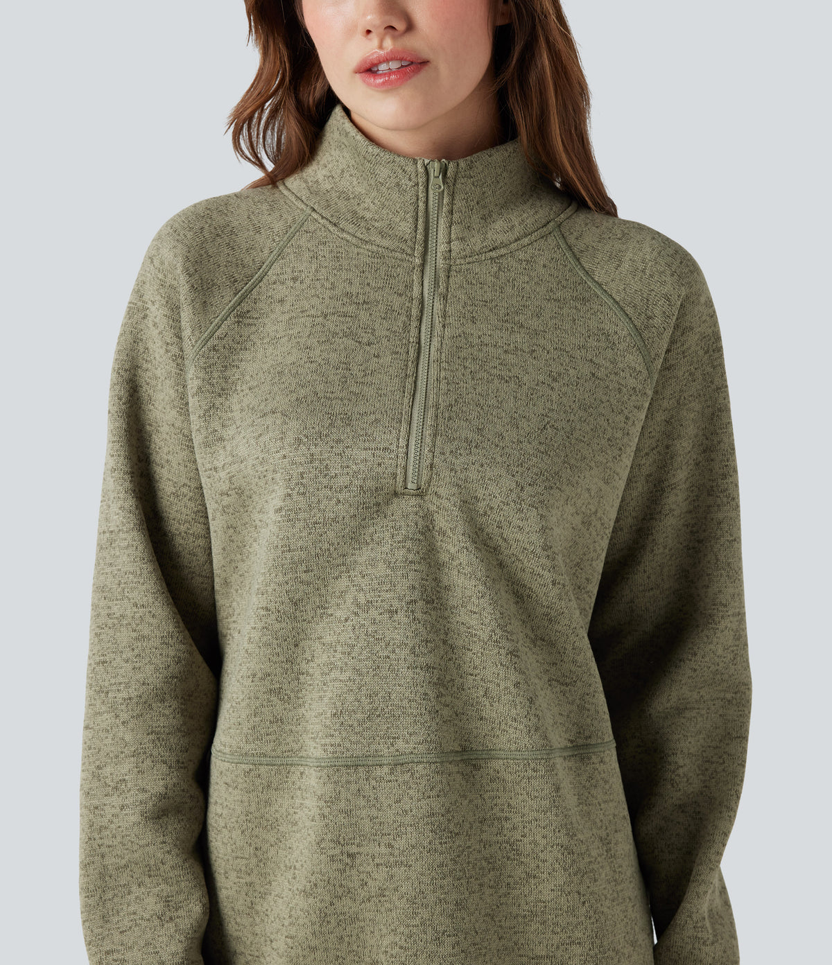 Stand Collar Half Zip Fleece Hiking Heathered Sweatshirt — Earthy Yellow — view 4