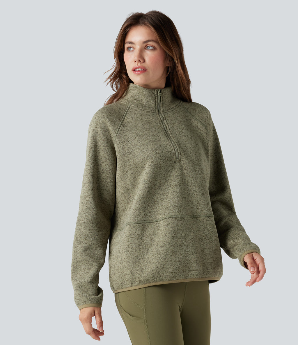 Stand Collar Half Zip Fleece Hiking Heathered Sweatshirt — Earthy Yellow — view 3