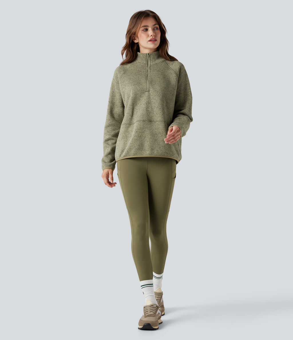 Stand Collar Half Zip Fleece Hiking Heathered Sweatshirt — Earthy Yellow — view 5